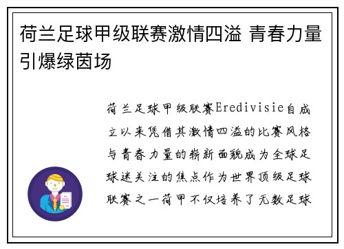 荷兰足球甲级联赛激情四溢 青春力量引爆绿茵场