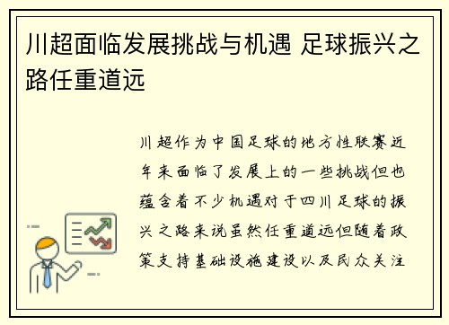 川超面临发展挑战与机遇 足球振兴之路任重道远
