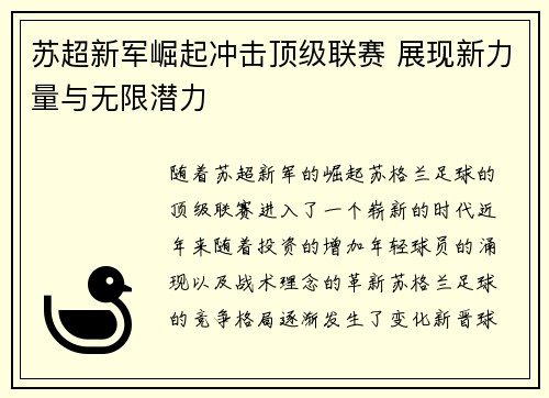 苏超新军崛起冲击顶级联赛 展现新力量与无限潜力 苏超新军崛起冲击顶级联赛 展现新力量与无限潜力